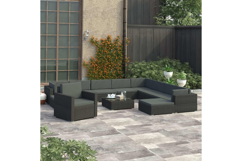 Haveloungesæt 12 dele med hynder polyrattan sort - Sort - Havemøbler - Loungemøbler - Loungesæt