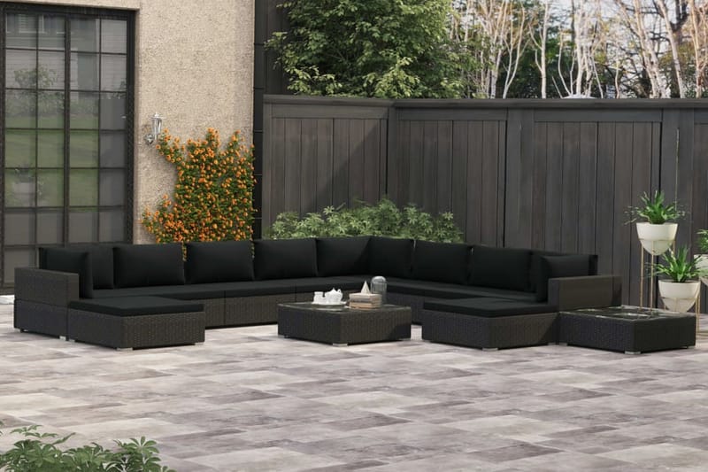 Haveloungesæt 12 Dele Med Hynder Polyrattan Sort - Havemøbler - Loungemøbler - Loungesæt