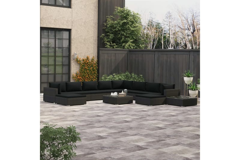 Haveloungesæt 12 Dele Med Hynder Polyrattan Sort - Havemøbler - Loungemøbler - Loungesæt
