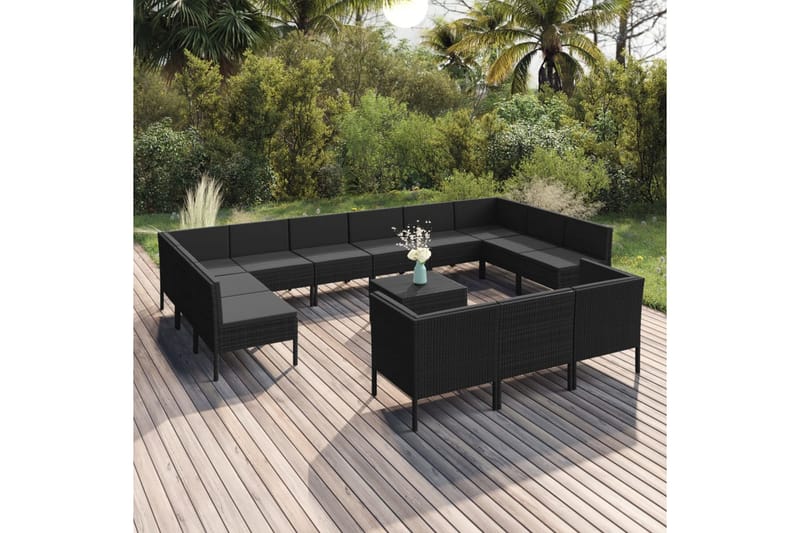 haveloungesæt 14 dele med hynder polyrattan sort - Sort - Havemøbler - Loungemøbler - Loungesæt