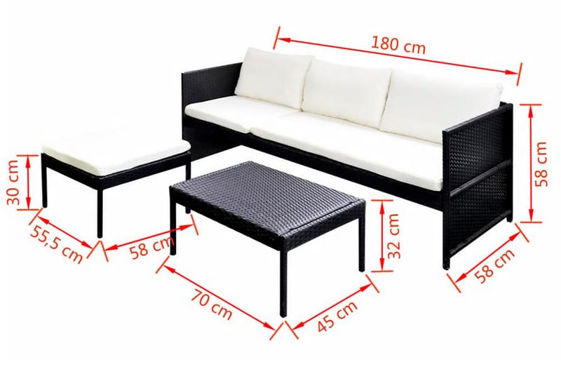 Haveloungesæt 3 Dele Med Hynder Polyrattan Sort - Sort - Havemøbler - Loungemøbler - Loungesæt