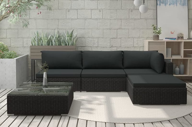 Haveloungesæt 5 dele med hynder polyrattan sort - Sort - Havemøbler - Loungemøbler - Loungesæt