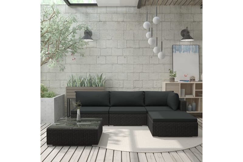 Haveloungesæt 5 dele med hynder polyrattan sort - Sort - Altanmøbler - Sofagrupper udendørs - Loungesæt