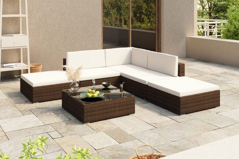 Haveloungesæt 6 Dele Med Hynder Polyrattan Brun - Brun - Havemøbler - Loungemøbler - Loungesæt