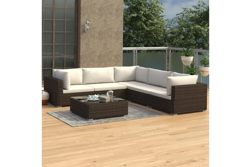 Haveloungesæt 6 dele med hynder polyrattan brun - Brun - Altanmøbler - Sofagrupper udendørs - Loungesæt