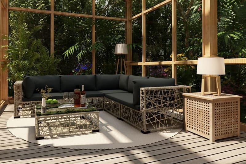 Haveloungesæt 6 dele med hynder polyrattan grå - Grå - Havemøbler - Loungemøbler - Loungesæt