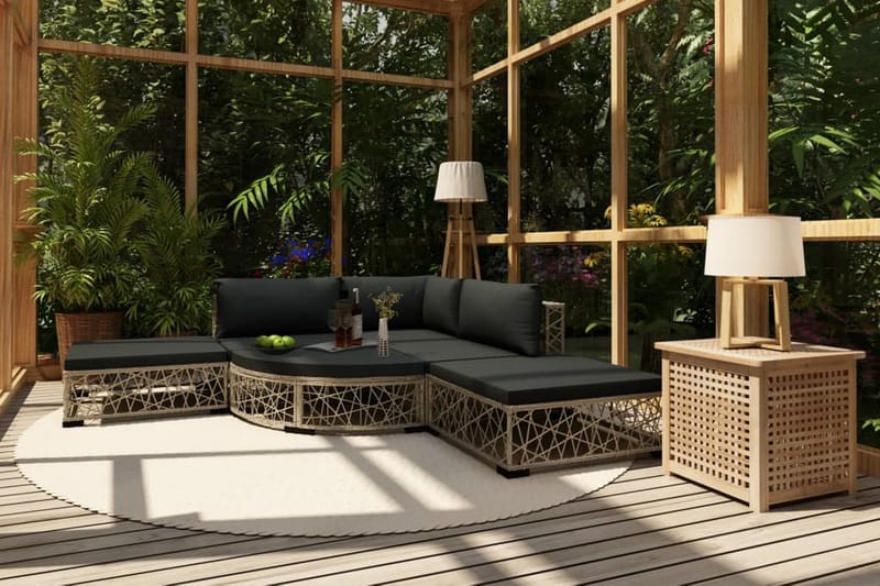 Haveloungesæt 6 dele med hynder polyrattan grå - Grå - Havemøbler - Loungemøbler - Loungesæt