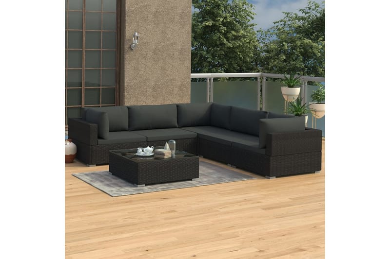Haveloungesæt 6 dele med hynder polyrattan sort - Sort - Havemøbler - Loungemøbler - Loungesæt