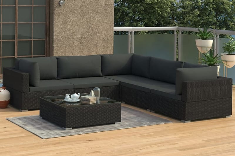 Haveloungesæt 6 dele med hynder polyrattan sort - Sort - Havemøbler - Loungemøbler - Loungesæt