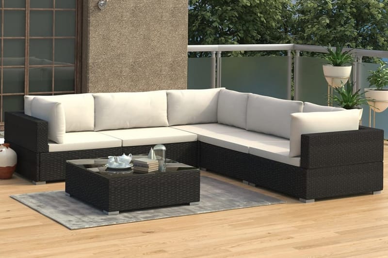 Haveloungesæt 6 dele med hynder polyrattan sort - Sort - Havemøbler - Loungemøbler - Loungesæt