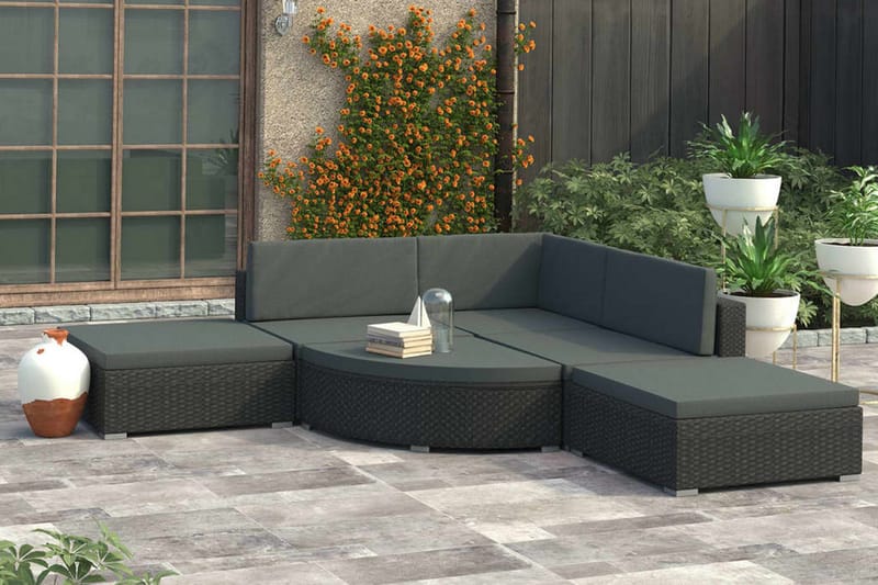 Haveloungesæt 6 dele med hynder polyrattan sort - Sort - Havemøbler - Loungemøbler - Loungesæt