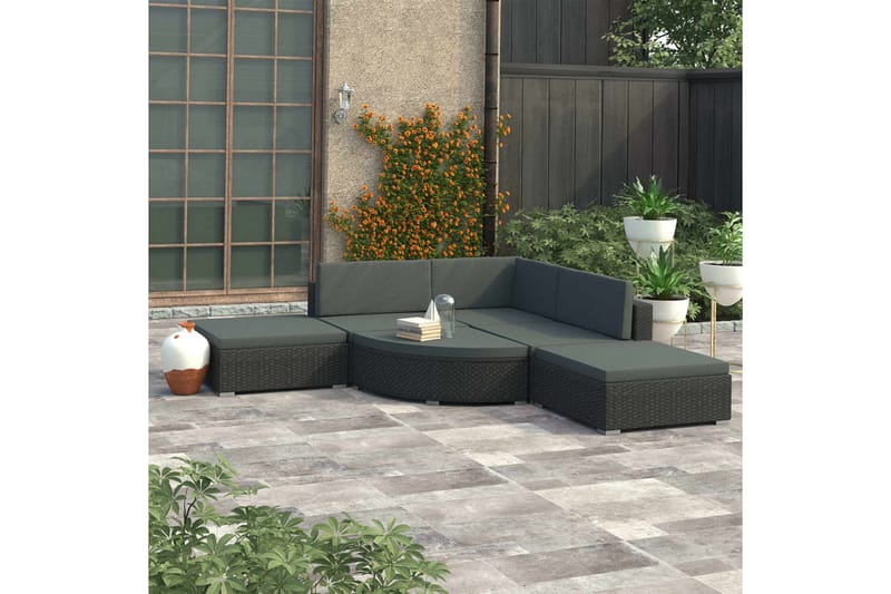 Haveloungesæt 6 dele med hynder polyrattan sort - Sort - Havemøbler - Loungemøbler - Loungesæt