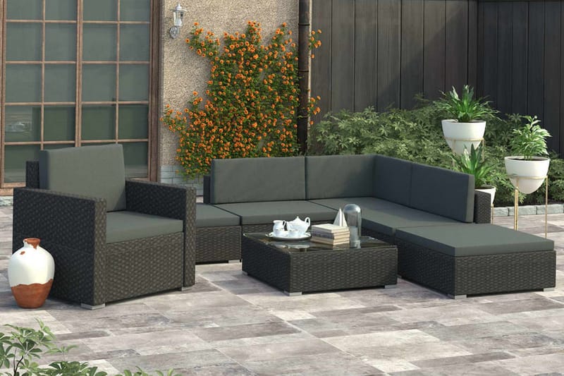 Haveloungesæt 6 dele med hynder polyrattan sort - Sort - Havemøbler - Loungemøbler - Loungesæt
