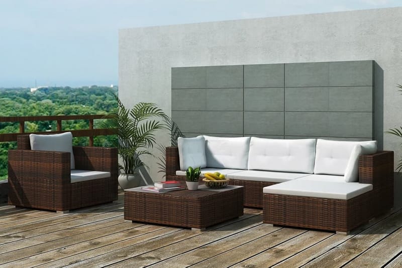haveloungesæt 6 dele med hynder polyrattan brun - Brun - Altanmøbler - Sofagrupper udendørs - Loungesæt