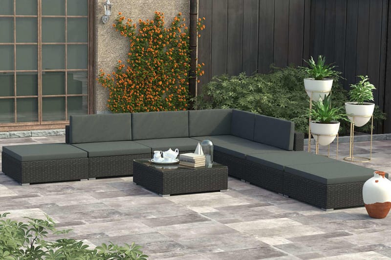 Haveloungesæt 8 dele med hynder polyrattan sort - Sort - Havemøbler - Loungemøbler - Loungesæt