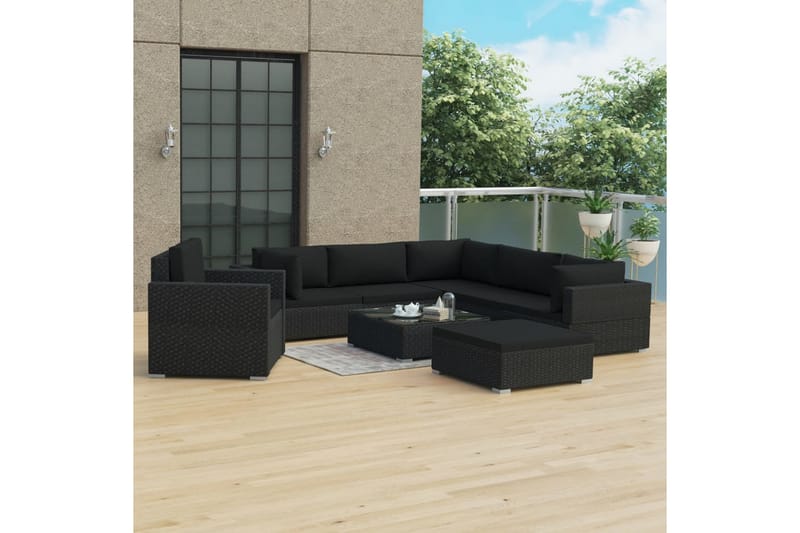 Haveloungesæt 8 Dele Med Hynder Polyrattan Sort - Havemøbler - Loungemøbler - Loungesæt