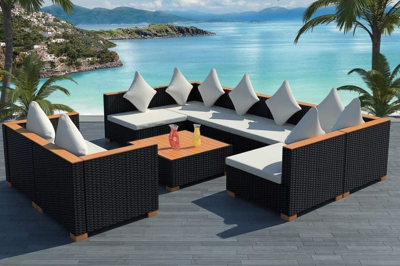 Haveloungesæt 9 Dele Med Hynder Polyrattan Sort - Sort - Havemøbler - Loungemøbler - Loungesæt