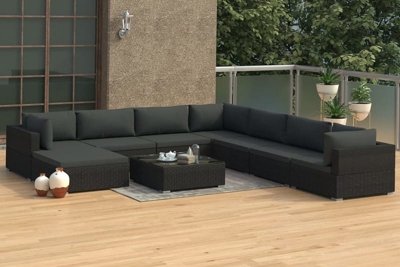 Haveloungesæt 9 dele med hynder polyrattan sort - Sort - Havemøbler - Loungemøbler - Loungesæt