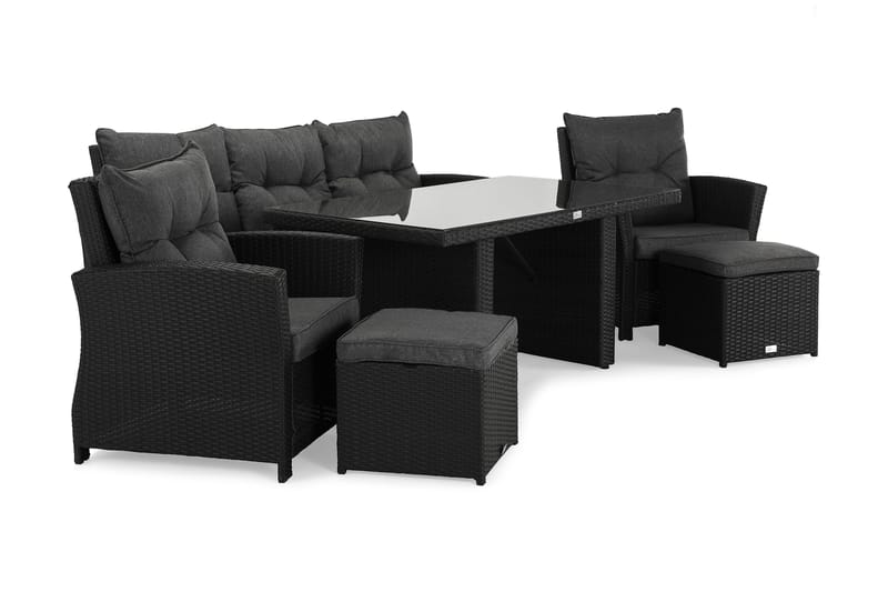 James Loungesæt Sort/Glas - Bord Sofa 2 stk Puf m Hynde - Altanmøbler - Sofagrupper udendørs - Loungesæt