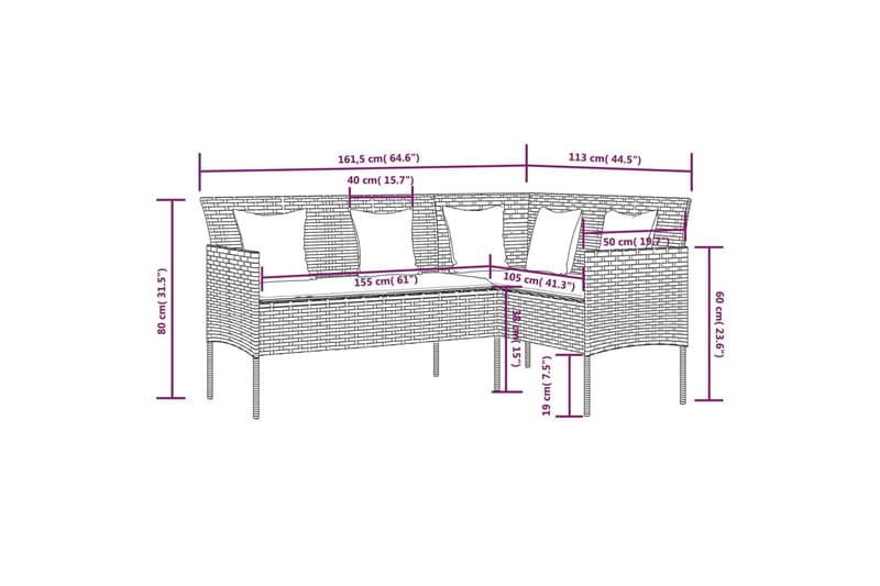 L-formet sofa med hynder polyrattan sort - Sort - Altanmøbler - Sofagrupper udendørs - Loungesæt