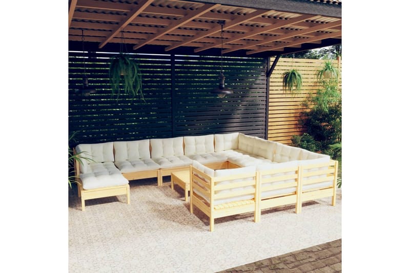 loungesæt til have 12 dele cremefarvede hynder fyrretræ - Creme - Altanmøbler - Sofagrupper udendørs - Loungesæt