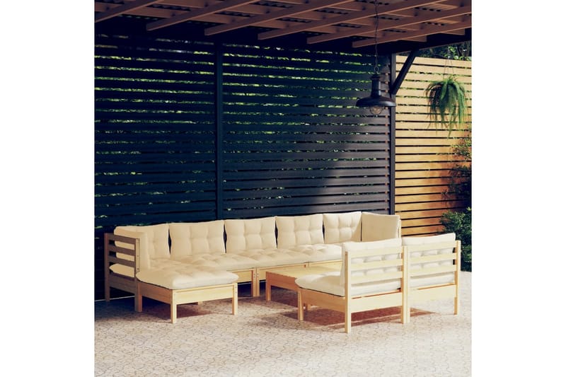 loungesæt til haven 10 dele med cremefarvede hynder fyrretræ - Creme - Altanmøbler - Sofagrupper udendørs - Loungesæt