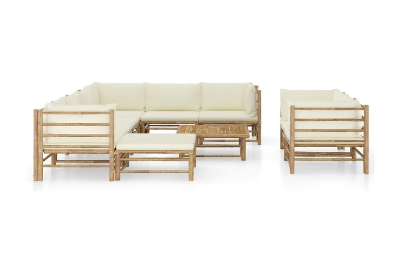 Loungesæt til haven 10 dele med cremehvide hynder bambus - Brun - Altanmøbler - Sofagrupper udendørs - Loungesæt