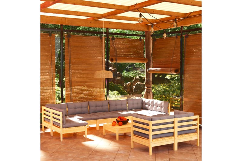 loungesæt til haven 10 dele med grå hynder fyrretræ - Gr�å - Altanmøbler - Sofagrupper udendørs - Loungesæt