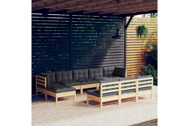 loungesæt til haven 10 dele med grå hynder fyrretræ - Grå - Altanmøbler - Sofagrupper udendørs - Loungesæt