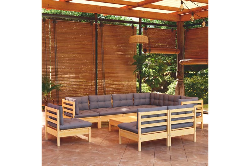 lounges�æt til haven 10 dele med grå hynder massivt fyrretræ - Grå - Altanmøbler - Sofagrupper udendørs - Loungesæt