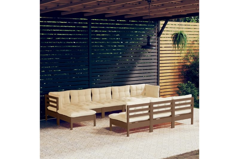 loungesæt til haven 10 dele med hynder fyrretræ gyldenbrun - Brun - Altanmøbler - Sofagrupper udendørs - Loungesæt