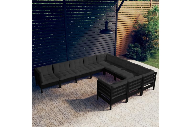 loungesæt til haven 10 dele med hynder fyrretræ sort - Sort - Altanmøbler - Sofagrupper udendørs - Loungesæt