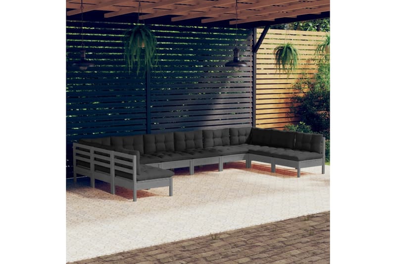 loungesæt til haven 10 dele med hynder massivt fyrretræ grå - Grå - Altanmøbler - Sofagrupper udendørs - Loungesæt