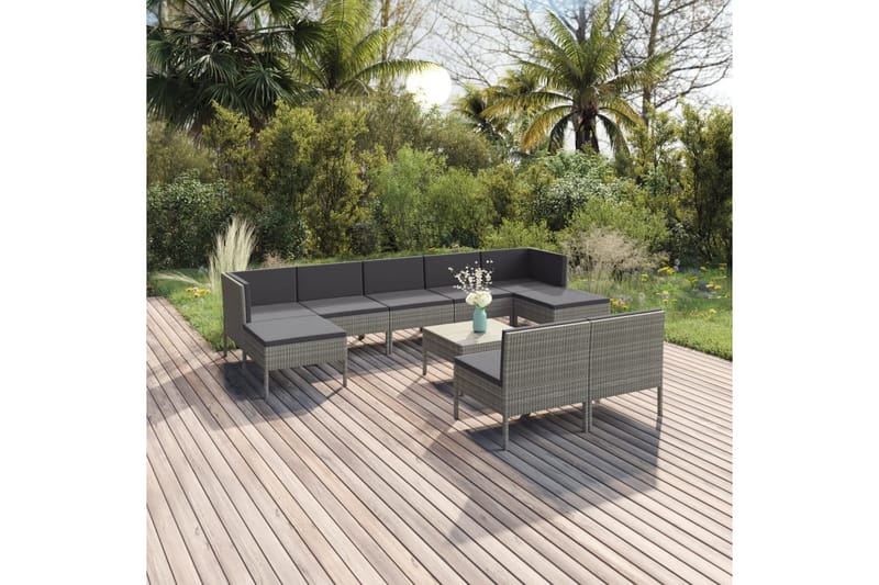 loungesæt til haven 10 dele med hynder polyrattan grå - Grå - Havemøbler - Loungemøbler - Loungesæt