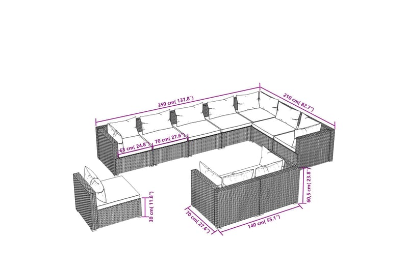 loungesæt til haven 10 dele med hynder polyrattan grå - Grå - Altanmøbler - Sofagrupper udendørs - Loungesæt