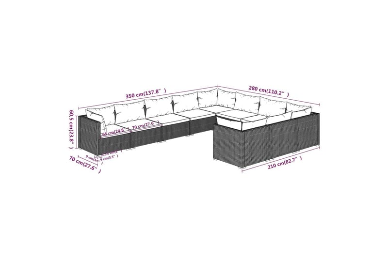 loungesæt til haven 10 dele med hynder polyrattan sort - Sort - Altanmøbler - Sofagrupper udendørs - Loungesæt
