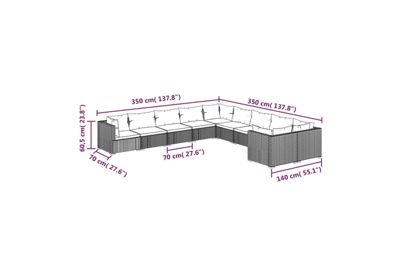 loungesæt til haven 10 dele med hynder polyrattan brun - Brun - Altanmøbler - Sofagrupper udendørs - Loungesæt