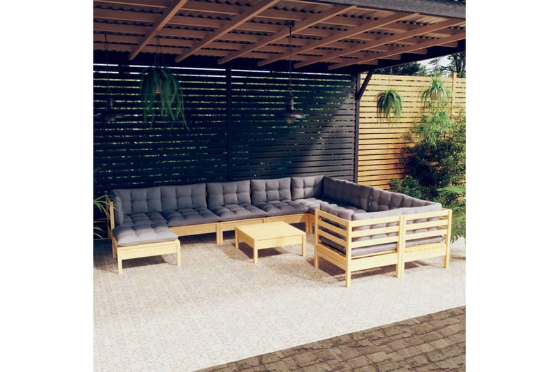loungesæt til haven 11 dele med grå hynder fyrretræ - Grå - Altanmøbler - Sofagrupper udendørs - Loungesæt