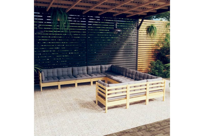 loungesæt til haven 11 dele med grå hynder fyrretræ - Gr�å - Altanmøbler - Sofagrupper udendørs - Loungesæt
