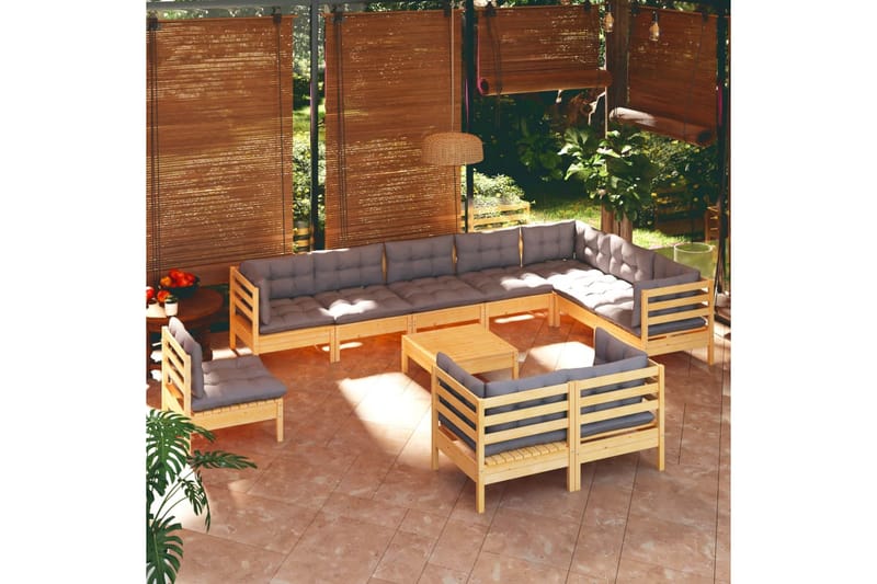 loungesæt til haven 11 dele med grå hynder massivt fyrretræ - Grå - Altanmøbler - Sofagrupper udendørs - Loungesæt