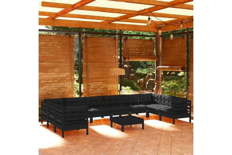 loungesæt til haven 11 dele med hynder fyrretræ sort - Sort - Altanm�øbler - Sofagrupper udendørs - Loungesæt