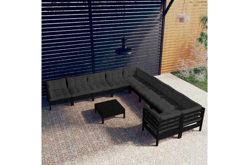 loungesæt til haven 11 dele med hynder fyrretræ sort - Sort - Altanmøbler - Sofagrupper udendørs - Loungesæt