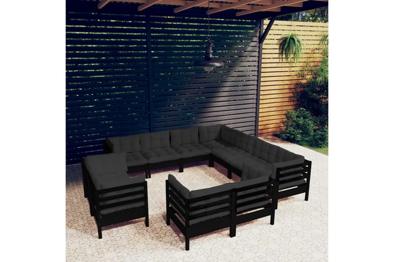 loungesæt til haven 11 dele med hynder massivt fyrretræ sort - Sort - Altanmøbler - Sofagrupper udendørs - Loungesæt