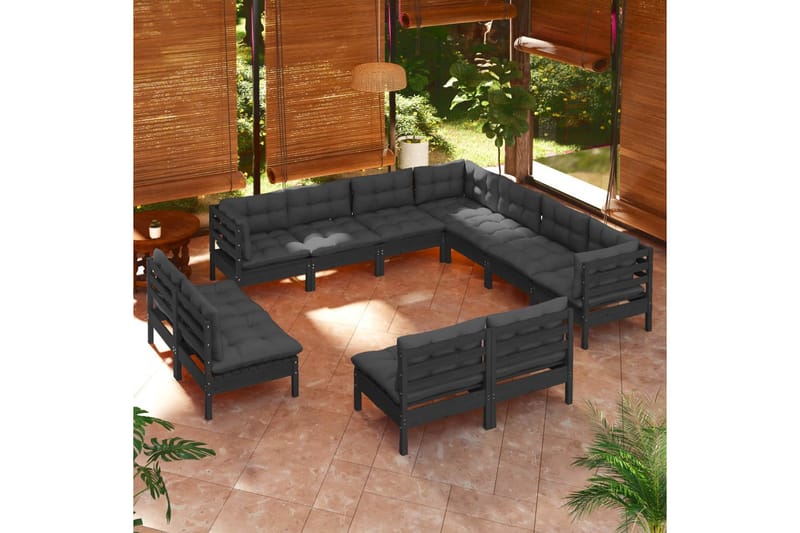 loungesæt til haven 11 dele med hynder massivt fyrretræ sort - Sort - Altanmøbler - Sofagrupper udendørs - Loungesæt