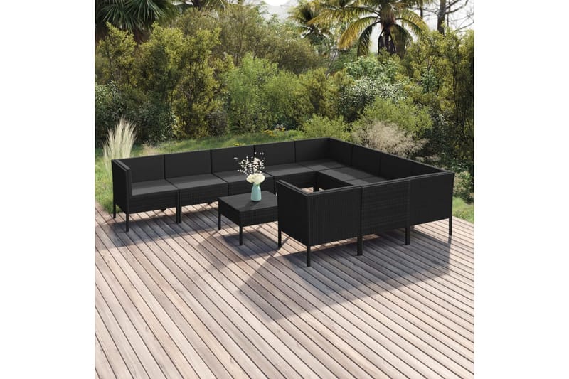 loungesæt til haven 11 dele med hynder polyrattan sort - Sort - Havemøbler - Loungemøbler - Loungesæt