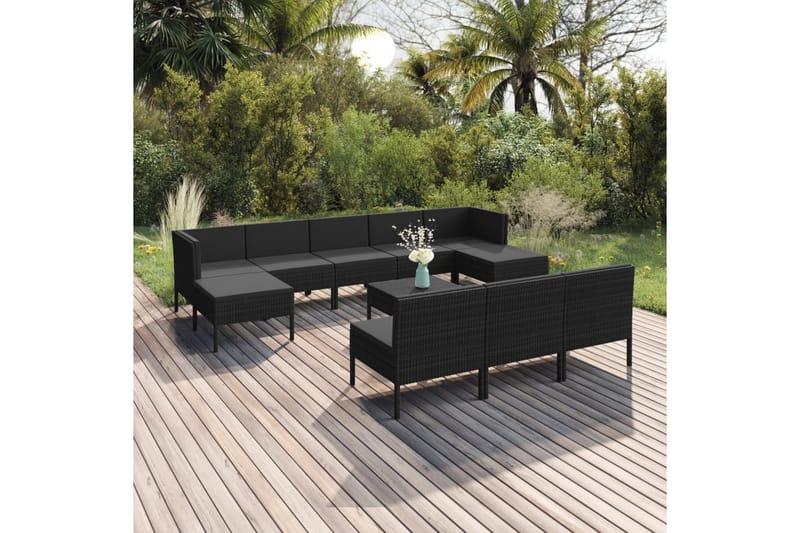 loungesæt til haven 11 dele med hynder polyrattan sort - Sort - Havemøbler - Loungemøbler - Loungesæt