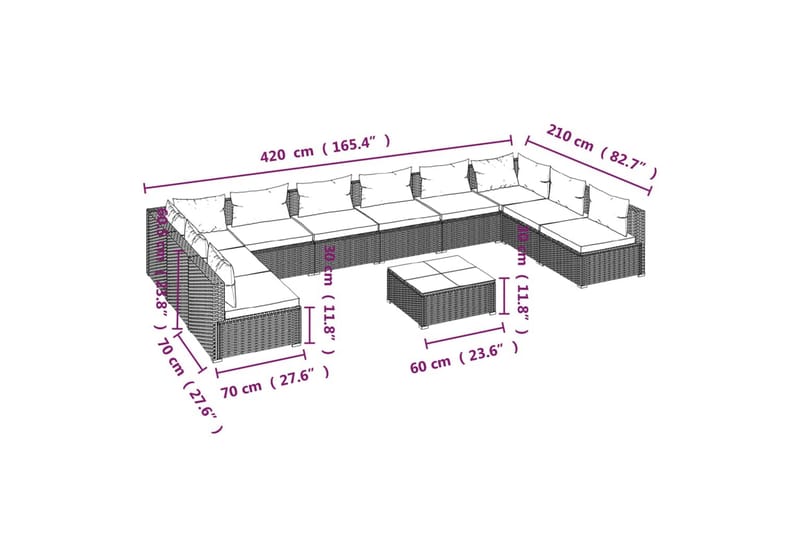 loungesæt til haven 11 dele med hynder polyrattan grå - Grå - Altanmøbler - Sofagrupper udendørs - Loungesæt