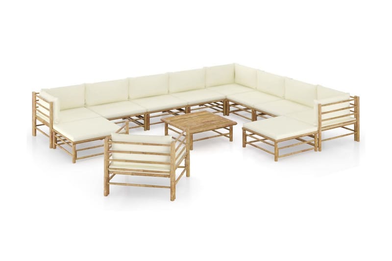 Loungesæt til haven 12 dele med cremehvide hynder bambus - Brun - Altanmøbler - Sofagrupper udendørs - Loungesæt