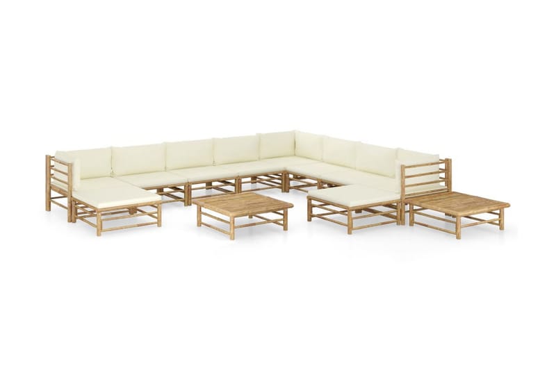 Loungesæt til haven 12 dele med cremehvide hynder bambus - Brun - Altanmøbler - Sofagrupper udendørs - Loungesæt