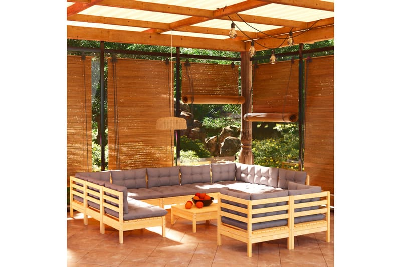loungesæt til haven 12 dele med grå hynder massivt fyrretræ - Grå - Altanmøbler - Sofagrupper udendørs - Loungesæt